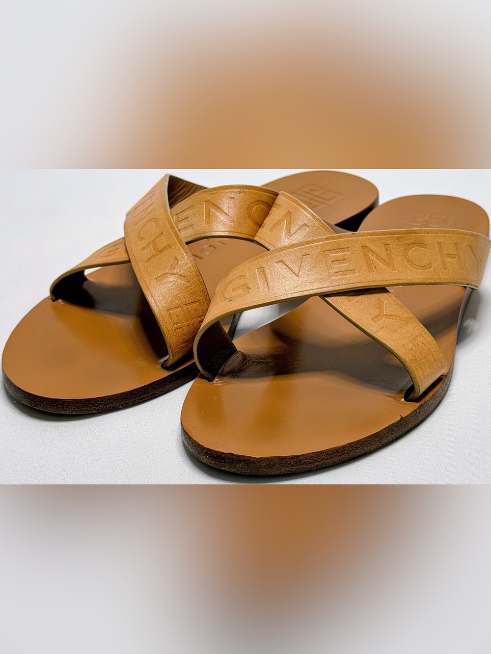 Givenchy Tan Leather Crisscross Logo Flat Slide Sandals Shoes Italy EU 37.5 7.5